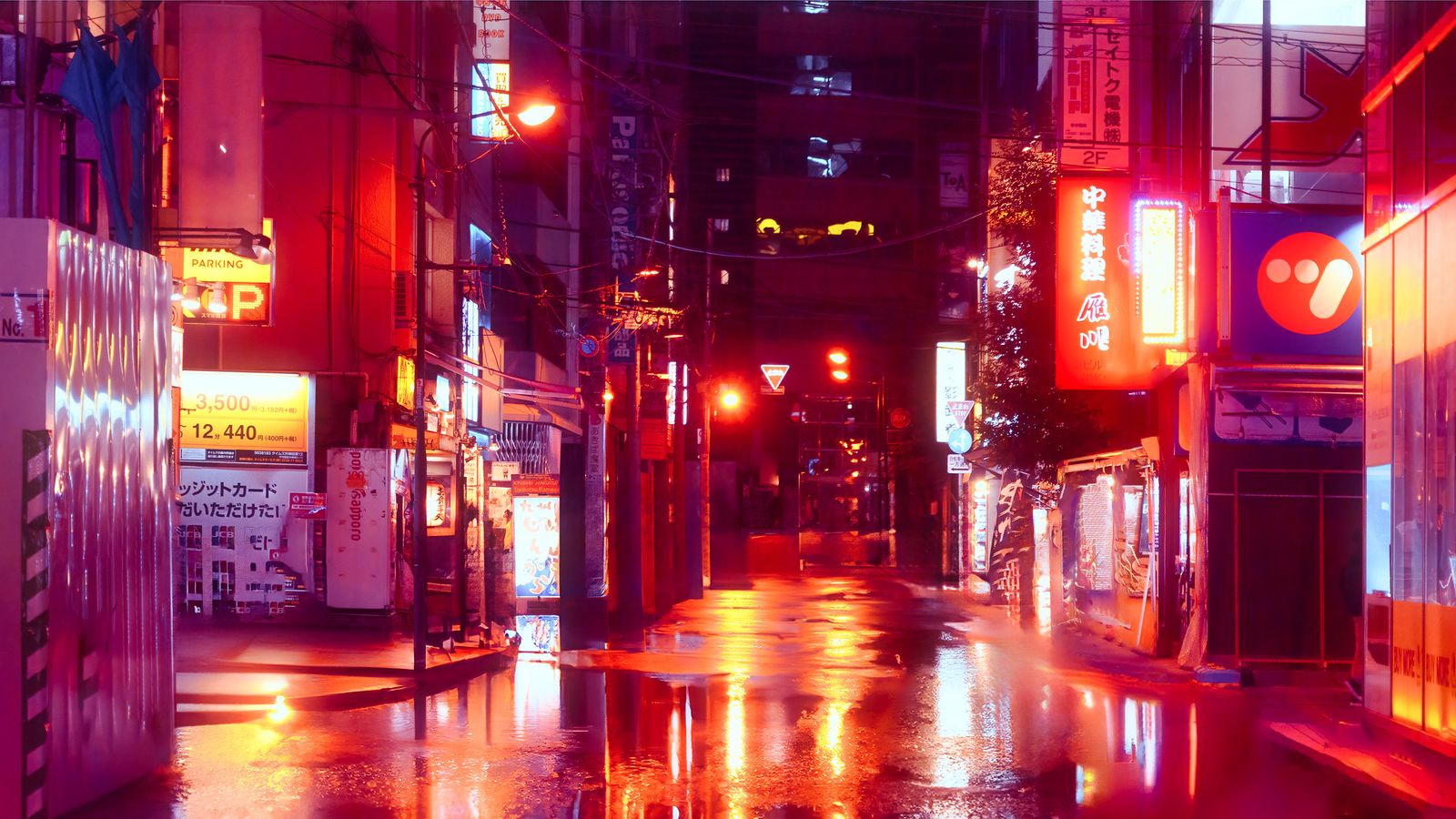Wet street under pink and red neon