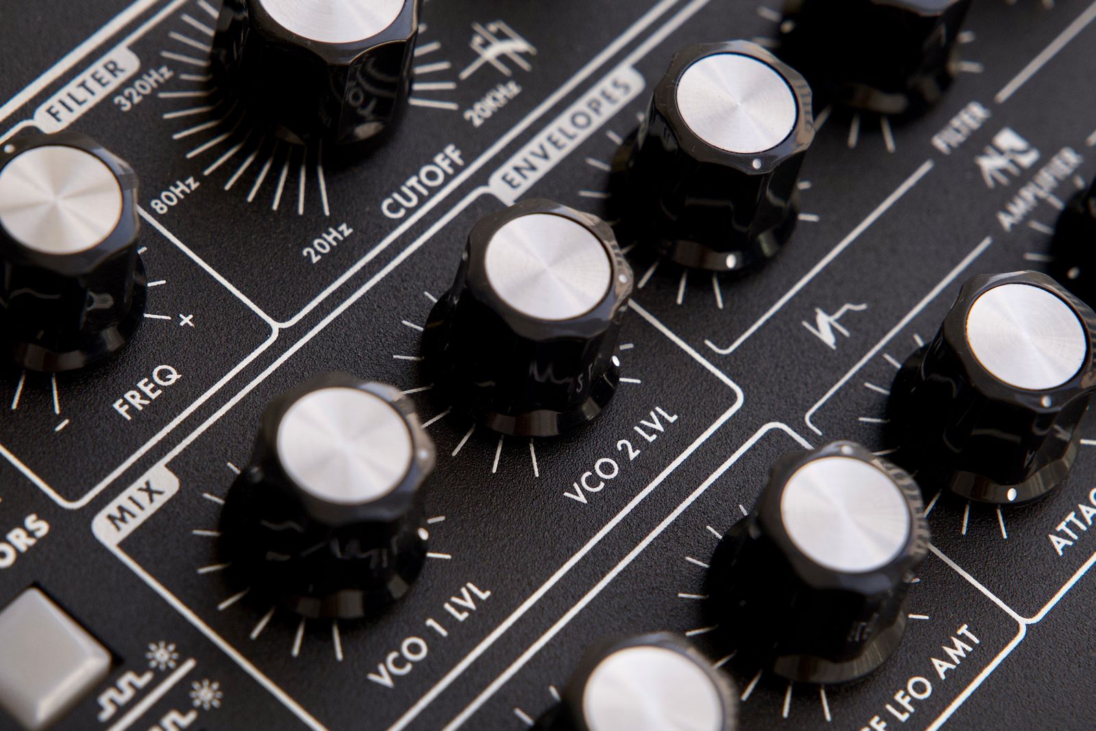 Analog synthesizer panel close-up